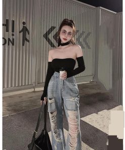 Mã 3608 Quần lưng cao ống rộng Women rách kiểu mảng dài màu xanh phong cách đường phố Jean Pants