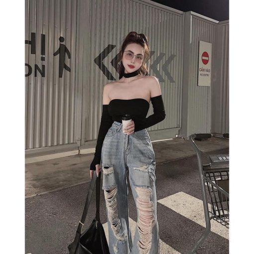 Mã 3608 Quần lưng cao ống rộng Women rách kiểu mảng dài màu xanh phong cách đường phố Jean Pants