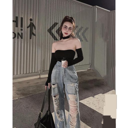 Mã 3608 Quần lưng cao ống rộng Women rách kiểu mảng dài màu xanh phong cách đường phố Jean Pants