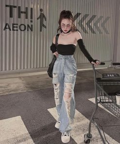 Mã 3608 Quần lưng cao ống rộng Women rách kiểu mảng dài màu xanh phong cách đường phố Jean Pants