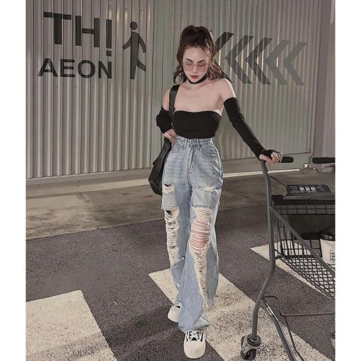 Mã 3608 Quần lưng cao ống rộng Women rách kiểu mảng dài màu xanh phong cách đường phố Jean Pants