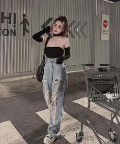 Mã 3608 Quần lưng cao ống rộng Women rách kiểu mảng dài màu xanh phong cách đường phố Jean Pants