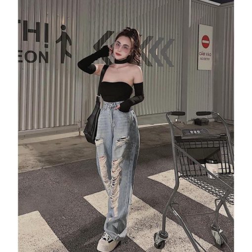 Mã 3608 Quần lưng cao ống rộng Women rách kiểu mảng dài màu xanh phong cách đường phố Jean Pants