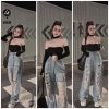 Mã 3608 Quần lưng cao ống rộng Women rách kiểu mảng dài màu xanh phong cách đường phố Jean Pants