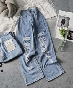 Mã 3608 Quần lưng cao ống rộng Women rách kiểu mảng dài màu xanh phong cách đường phố Jean Pants