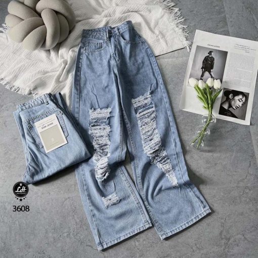 Mã 3608 Quần lưng cao ống rộng Women rách kiểu mảng dài màu xanh phong cách đường phố Jean Pants