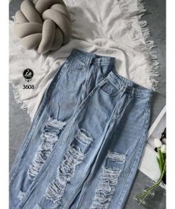 Mã 3608 Quần lưng cao ống rộng Women rách kiểu mảng dài màu xanh phong cách đường phố Jean Pants