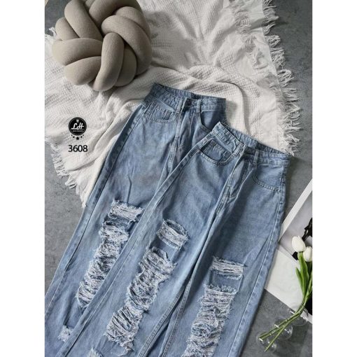 Mã 3608 Quần lưng cao ống rộng Women rách kiểu mảng dài màu xanh phong cách đường phố Jean Pants