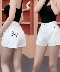 Mã x226 Quần short jean nữ thêu nơ lưng cao không co giãn