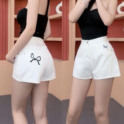 Mã x226 Quần short jean nữ thêu nơ lưng cao không co giãn