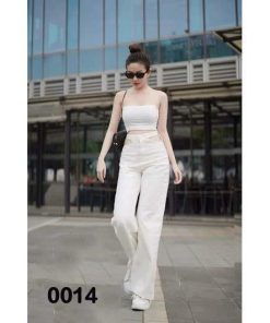 Quần Jean nữ ống suông cạp cao Ulzzang khoét eo màu trắng MS 0014