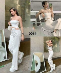 Quần Jean nữ ống suông cạp cao Ulzzang khoét eo màu trắng MS 0014