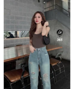 Mã 365 Quần jeans nữ baggy lưng cao không co giãn rách gối