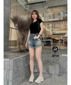 Quần short jeans nữ lưng cao không co giãn rách xả lai cạp cao