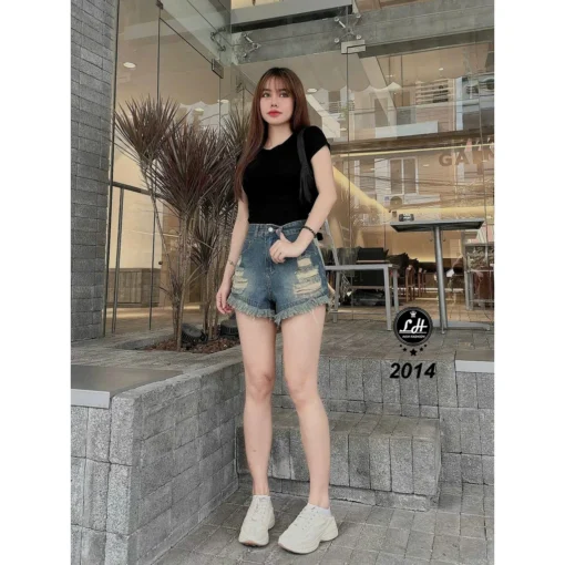 Quần short jeans nữ lưng cao không co giãn rách xả lai cạp cao