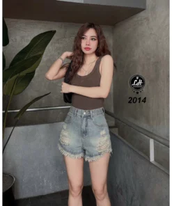 Quần short jeans nữ lưng cao không co giãn rách xả lai cạp cao