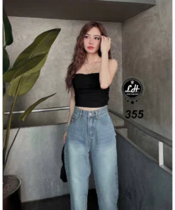 Mã 355 Quần jeans nữ baggy lưng cao không co giãn thêu mặc cười