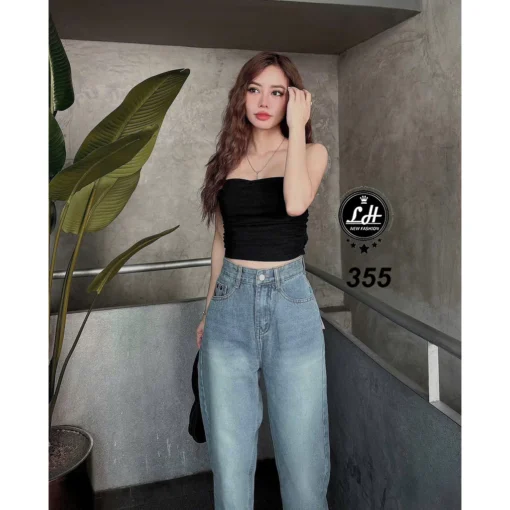 Mã 355 Quần jeans nữ baggy lưng cao không co giãn thêu mặc cười