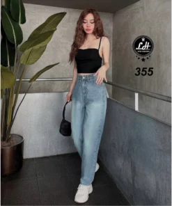 Mã 355 Quần jeans nữ baggy lưng cao không co giãn thêu mặc cười