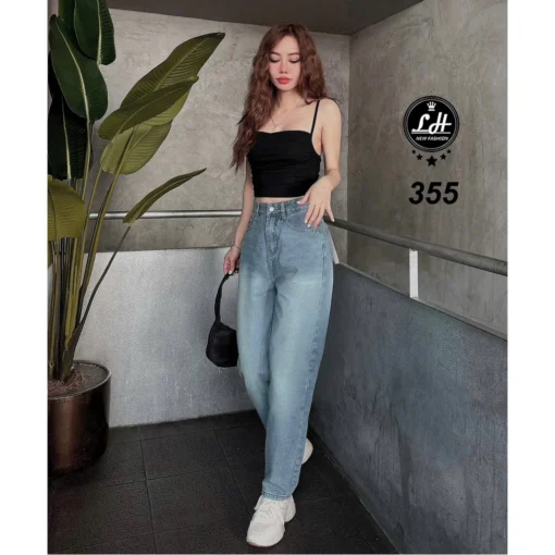 Mã 355 Quần jeans nữ baggy lưng cao không co giãn thêu mặc cười