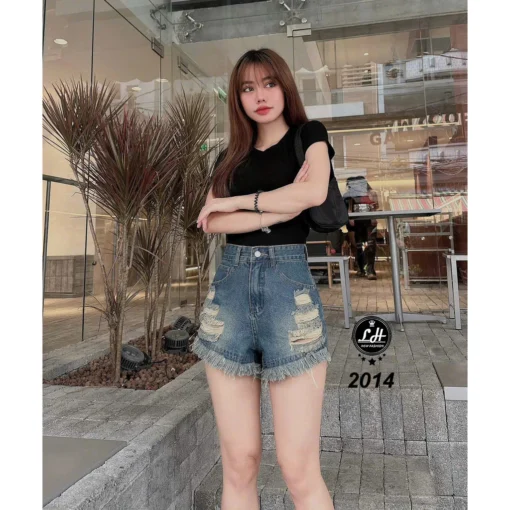 Quần short jeans nữ lưng cao không co giãn rách xả lai cạp cao