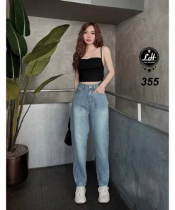 Mã 355 Quần jeans nữ baggy lưng cao không co giãn thêu mặc cười