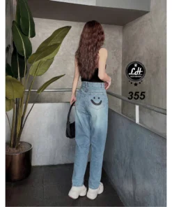 Mã 355 Quần jeans nữ baggy lưng cao không co giãn thêu mặc cười