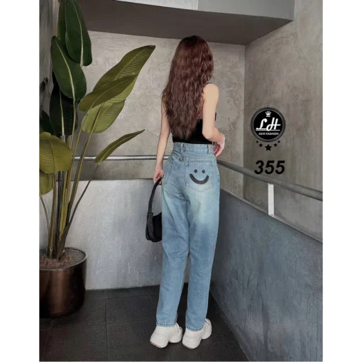 Mã 355 Quần jeans nữ baggy lưng cao không co giãn thêu mặc cười