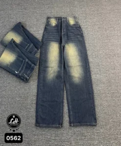 Mã 0562 Quần jeans nữ ống rộng lưng cao không co giãn màu loang cổ điển