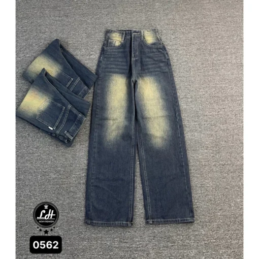 Mã 0562 Quần jeans nữ ống rộng lưng cao không co giãn màu loang cổ điển