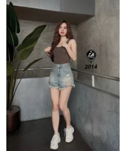 Quần short jeans nữ lưng cao không co giãn rách xả lai cạp cao