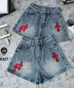 Mã X227 Quần short jeans nữ màu xanh thêu chữ thập