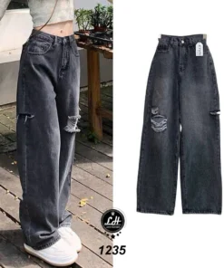 Mã 1235 Quần jeans nữ ống rộng lưng cao không co giãn rách