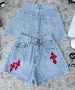 Mã X227 Quần short jeans nữ màu xanh thêu chữ thập