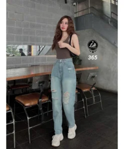 Mã 365 Quần jeans nữ baggy lưng cao không co giãn rách gối