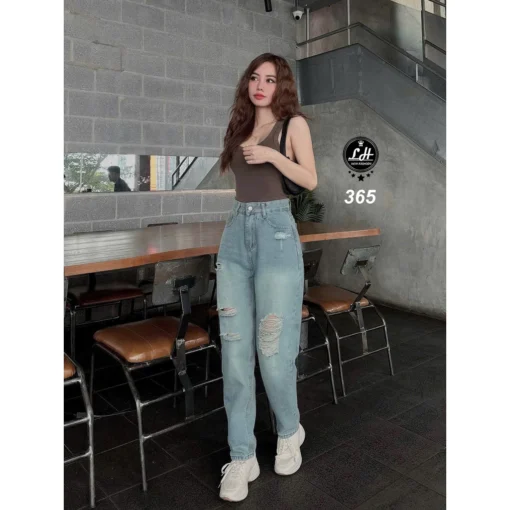 Mã 365 Quần jeans nữ baggy lưng cao không co giãn rách gối