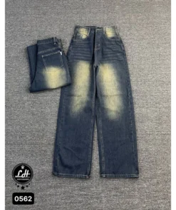 Mã 0562 Quần jeans nữ ống rộng lưng cao không co giãn màu loang cổ điển