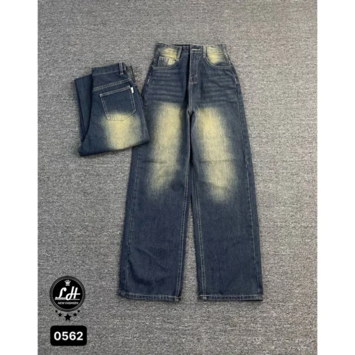 Mã 0562 Quần jeans nữ ống rộng lưng cao không co giãn màu loang cổ điển