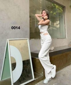 Quần Jean nữ ống suông cạp cao Ulzzang khoét eo màu trắng MS 0014