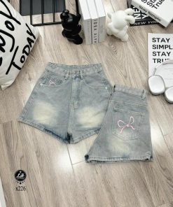 Mã x226 Quần short jean nữ thêu nơ lưng cao không co giãn