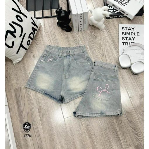 Mã x226 Quần short jean nữ thêu nơ lưng cao không co giãn