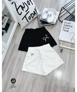 Mã x226 Quần short jean nữ thêu nơ lưng cao không co giãn