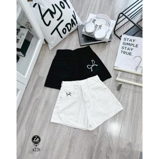 Mã x226 Quần short jean nữ thêu nơ lưng cao không co giãn