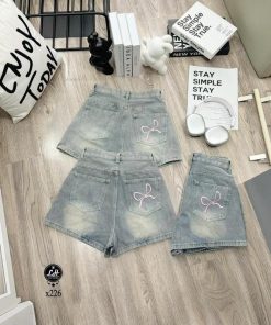 Mã x226 Quần short jean nữ thêu nơ lưng cao không co giãn