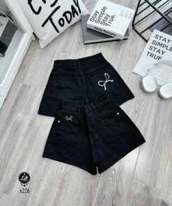 Mã x226 Quần short jean nữ thêu nơ lưng cao không co giãn