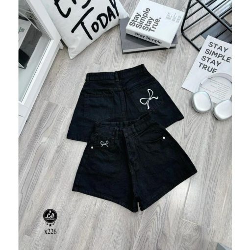 Mã x226 Quần short jean nữ thêu nơ lưng cao không co giãn