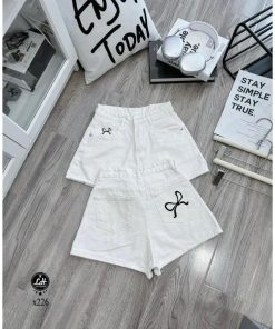 Mã x226 Quần short jean nữ thêu nơ lưng cao không co giãn