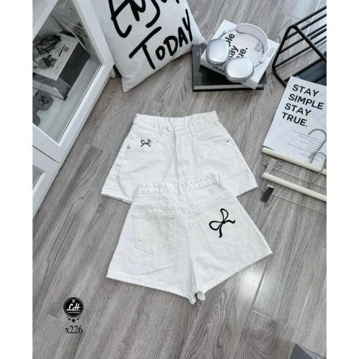 Mã x226 Quần short jean nữ thêu nơ lưng cao không co giãn