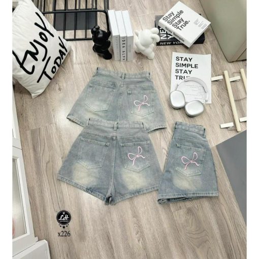 Mã x226 Quần short jean nữ thêu nơ lưng cao không co giãn