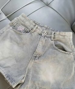 Mã x226 Quần short jean nữ thêu nơ lưng cao không co giãn